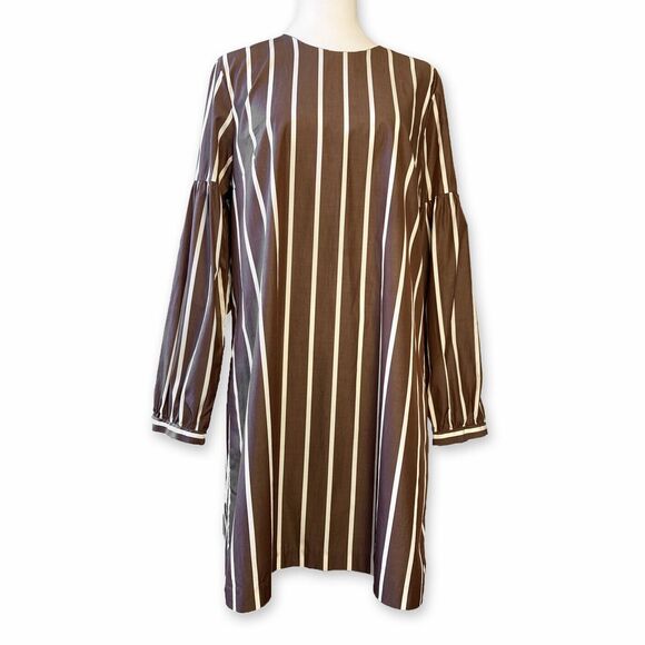 LE SARTE PETTEGOLE | Brown White Stripe Round Neck L/S Italian Dress | Size L - Picture 1 of 6